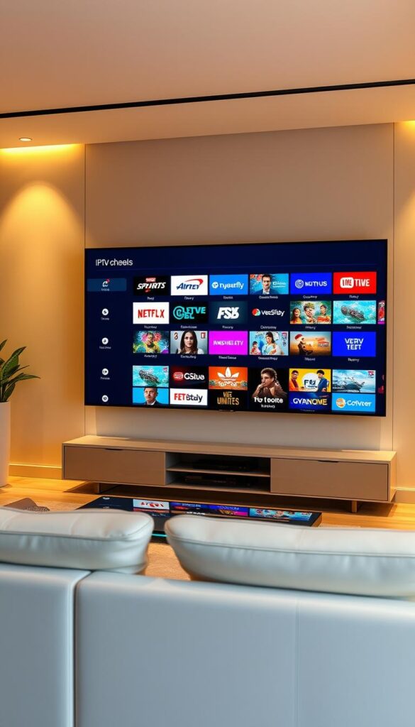 A large, high-definition screen displays a vibrant array of IPTV channels, showcasing the extensive offerings of IPTVANBIETERTV. The screen is positioned prominently in a sleek, modern living room setting, with minimalist furniture and warm, diffused lighting creating a relaxed atmosphere. The channels featured cover a wide range of genres, from news and sports to movies and entertainment, reflecting the comprehensive nature of the IPTV service. The image conveys a sense of convenience, accessibility, and the ability to enjoy a vast selection of content at the user's fingertips.