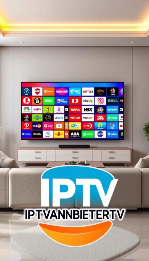A large, high-definition television screen dominates the center of the frame, displaying a vibrant and diverse array of television channel logos. The screen is set against a sleek, modern interior with minimalist furniture and a serene, neutral color palette. Soft, directional lighting illuminates the scene, creating a warm and inviting atmosphere. In the foreground, a stylized IPTVANBIETERTV logo is prominently displayed, conveying the brand's comprehensive and premium IPTV service offering. The overall composition suggests a visually appealing and user-friendly IPTV experience, reflecting the high-quality content and reliable service provided by the provider.