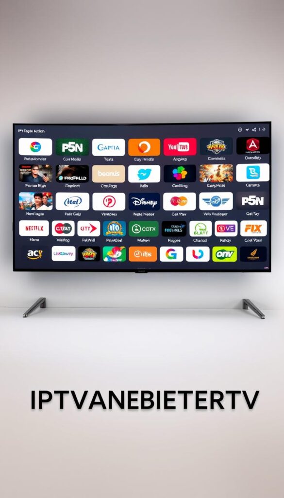 A large, high-resolution image of a sleek, modern IPTV service interface with a visually appealing and intuitive design. The interface features a comprehensive selection of TV channels, presented in a grid layout with clear category labels and channel logos. The background is a soft, neutral color that complements the branding, with subtle gradients and soft lighting to create a sense of depth and sophistication. The foreground showcases the IPTVANBIETERTV logo prominently, rendered in a bold, eye-catching typeface. The overall aesthetic conveys a premium, reliable IPTV service with a wide range of content options.
