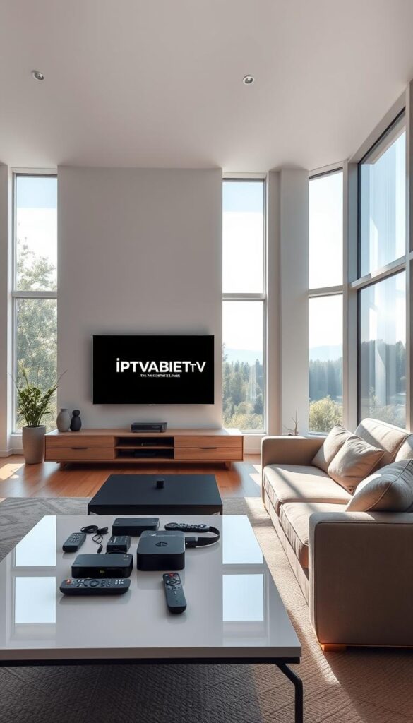 A large, modern living room with a minimalist, Scandinavian-inspired interior design. Sunlight streams in through floor-to-ceiling windows, illuminating a sleek, wall-mounted television displaying the IPTVANBIETERTV logo. In the foreground, an elegant coffee table is adorned with a variety of remote controls and streaming devices, hinting at the extensive channel selection available. The middle ground features comfortable, plush seating arranged in a cozy configuration, inviting viewers to sit and explore the IPTV offerings. The background showcases a serene, natural landscape visible through the windows, creating a sense of tranquility and relaxation. The overall atmosphere is one of sophistication, technology, and the comforts of home.