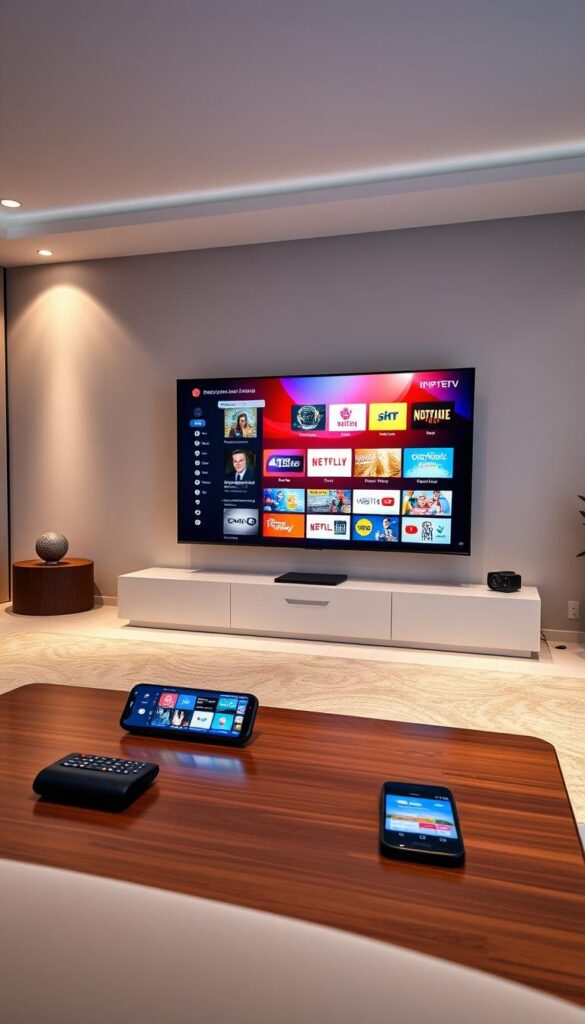 A large, modern living room with a sleek, curved television set prominently displayed. The TV shows a vibrant, high-definition IPTV interface with a wide selection of channels, seamlessly transitioning between different screens and content. Soft, warm lighting illuminates the room, creating a cozy and inviting atmosphere. In the foreground, a coffee table with a remote control and a smartphone, showcasing the multi-screen functionality of IPTVANBIETERTV's IPTV service. The background features minimalist, contemporary decor, emphasizing the advanced technology and user-friendly design of the IPTV system.