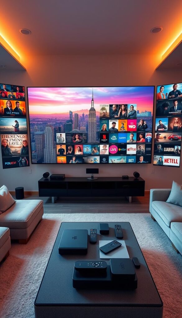 A large, modern media room with sleek, minimalist furniture and floor-to-ceiling windows overlooking a vibrant city skyline. On the walls, a massive display showcases a diverse array of film and television content from the IPTVANBIETERTV platform, ranging from classic movies to the latest hit series. The lighting is warm and ambient, creating a cozy and inviting atmosphere. In the foreground, a stylish coffee table displays various streaming devices and remote controls, ready to access the extensive IPTVANBIETERTV library. The scene conveys a sense of technological sophistication and the endless entertainment possibilities offered by the robust IPTVANBIETERTV service.