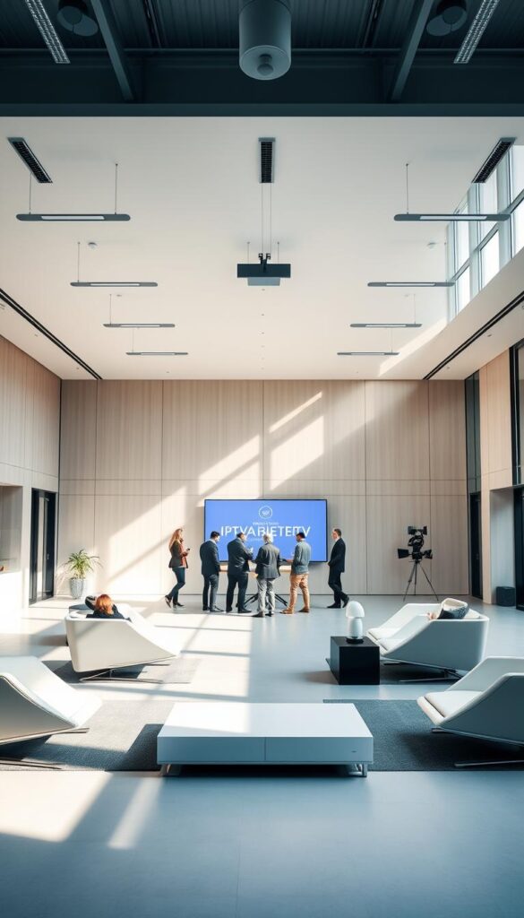 A large, modern office interior with clean, minimalist design. The walls are a calming neutral tone, with sleek, angular furniture and fixtures. In the center of the frame, a group of professionals are gathered around a table, discussing the latest trends and developments in the IPTV-Markt Deutschland. Sunlight streams in through large windows, creating a bright, airy atmosphere. In the background, a prominent display showcases the IPTVANBIETERTV brand, its logo and branding prominently featured. The overall scene conveys a sense of industry expertise, technological innovation, and professional collaboration.