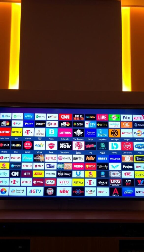 A large, modern television display showcases a diverse selection of TV channels, representing the extensive IPTV service offering of IPTVANBIETERTV. The screen is backlit with a warm, inviting glow, creating a premium, high-end aesthetic. The channel logos are clearly visible, arranged in a visually appealing grid layout, suggesting the breadth and variety of content available. The overall composition conveys a sense of quality, technology, and the convenience of accessing a vast array of programming through a single IPTV platform.