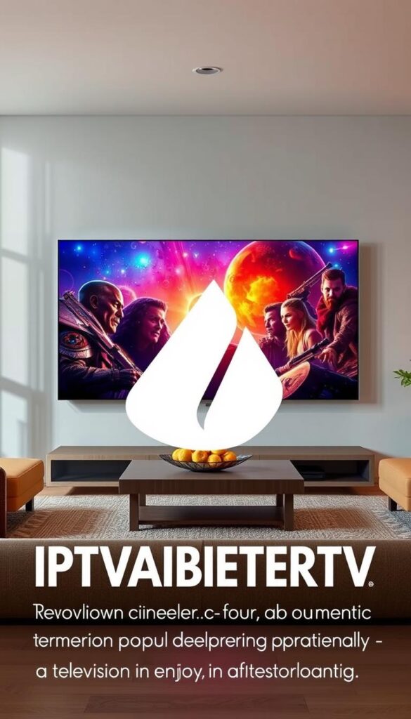 A large, sleek IPTVANBIETERTV logo prominently displayed in the foreground, against a backdrop of a modern, minimalist living room with an impressive, high-definition TV screen showcasing a vibrant, immersive cinematic experience. The lighting is soft and natural, creating a warm, inviting atmosphere. The scene conveys a sense of technological sophistication and the promise of a revolutionary home entertainment experience. The overall composition emphasizes the central role of the IPTVANBIETERTV brand in transforming the way people enjoy television in Deutschland.