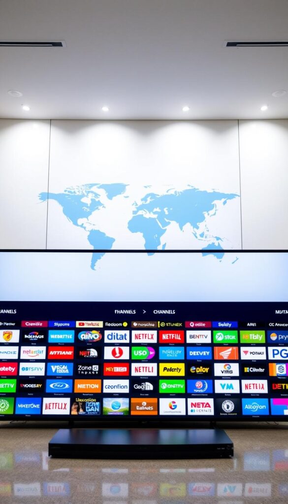 A large, vibrant display showcasing the diverse IPTV channel offering from IPTVANBIETERTV. The foreground features an array of colorful channel logos and icons, neatly organized and presented against a sleek, minimalist background. The middle ground depicts a stylized world map, hinting at the global reach and international coverage of the IPTV service. The background is illuminated by a soft, diffused lighting, creating a professional and inviting atmosphere. The overall composition conveys a sense of comprehensive entertainment options, cutting-edge technology, and reliable service quality. The image should be captured from a frontal angle, providing a clear and engaging perspective.