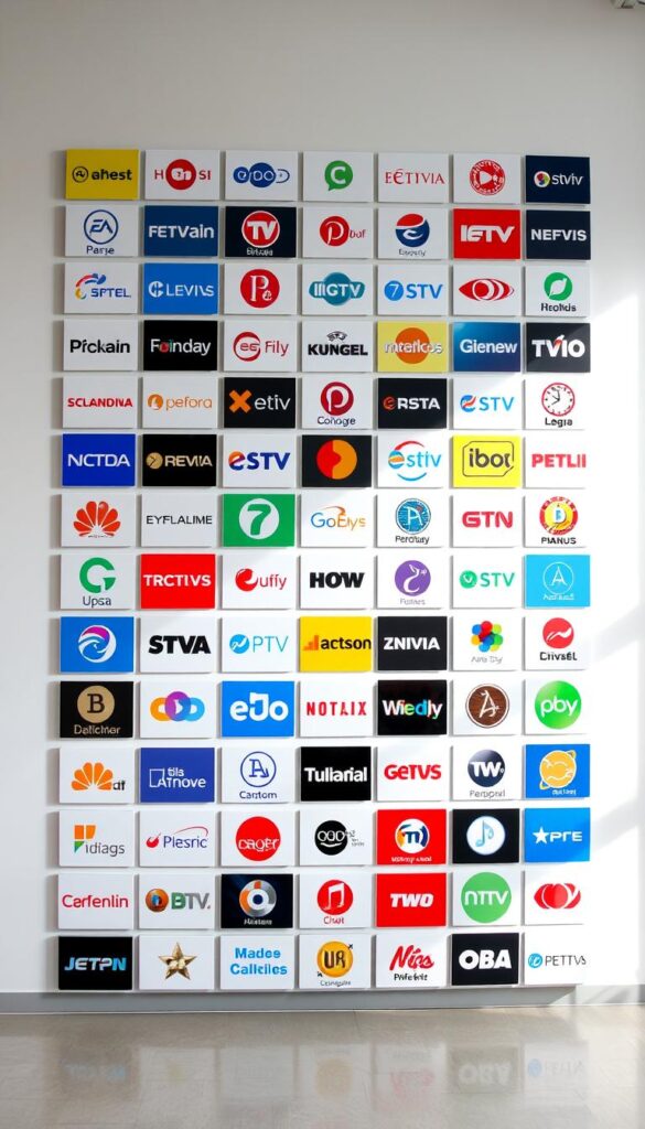A large, vibrant grid of television channel logos, arranged in a visually striking layout that fills the frame. The logos are crisp, high-resolution, and faithfully represent the diverse selection of IPTV channels available from IPTVANBIETERTV. The grid is set against a clean, minimalist background, allowing the channel icons to be the focal point. The lighting is natural and evenly distributed, creating a sense of depth and dimension. The overall composition is balanced and aesthetically pleasing, conveying the comprehensive nature of the IPTV Deutschland Senderliste offered by IPTVANBIETERTV.