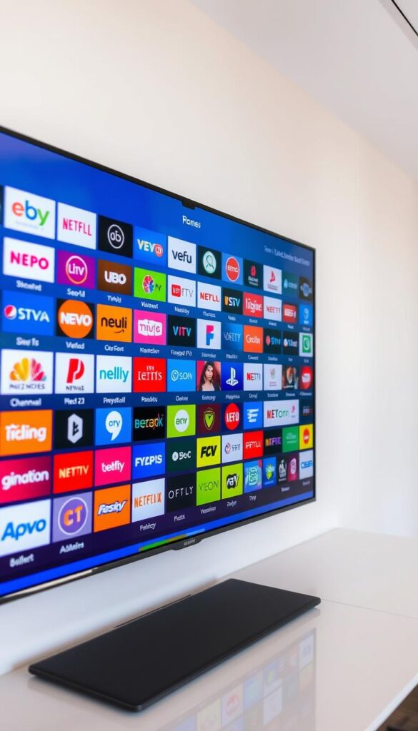 A large, vibrant screen displaying a comprehensive IPTV channel selection, showcasing the diverse content available on IPTVANBIETERTV. The image has a clean, modern aesthetic, with a crisp, high-resolution display of various channel logos and icons, arranged in a visually appealing grid layout. The screen is set against a softly blurred, minimalist background, allowing the channel options to take center stage. The lighting is soft and natural, creating a sense of warmth and professionalism. The overall composition conveys the expansive and varied IPTV offering from IPTVANBIETERTV, highlighting the service's ability to cater to a wide range of viewer preferences.