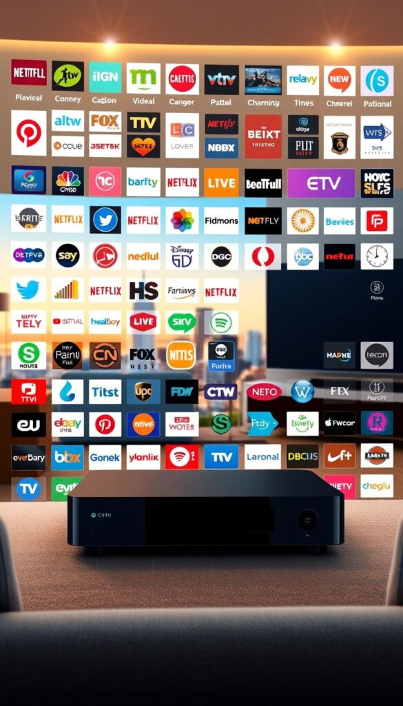A large, vivid illustration of the expansive channel selection offered by IPTVANBIETERTV. The foreground features a grid of various TV channel logos, icons, and thumbnails, neatly arranged to showcase the breadth of programming. The middle ground depicts a sleek, modern media center or streaming device, highlighting the technological capabilities that deliver this content. In the background, a softly blurred cityscape or home entertainment setup provides context, conveying a sense of the integrated living experience. The lighting is warm and natural, with subtle highlights drawing the eye to the key visual elements. The overall composition is balanced, professional, and visually appealing, reflecting the quality and reliability of the IPTVANBIETERTV service.