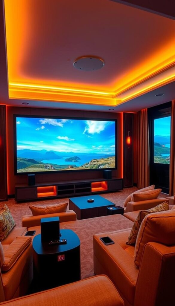 A lavish home theater, bathed in warm amber lighting, showcases a state-of-the-art IPTVANBIETERTV system. Sleek, modern displays flicker with vibrant, high-definition imagery, immersing the viewer in a cinematic experience. Surround sound speakers deliver crystal-clear audio, creating a truly immersive atmosphere. The room's plush seating and premium decor evoke a sense of luxury and sophistication. Subtle ambient lighting accentuates the screen's dynamic visuals, while large windows provide a glimpse of a serene, picturesque landscape outside, blending the indoor and outdoor environments. This harmonious integration of technology and design sets the stage for an optimal streaming-quality experience.