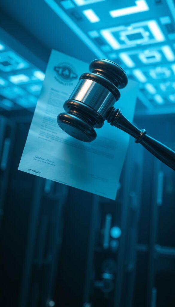 A legal document or gavel floating in an ethereal, techno-futuristic environment, with the IPTVANBIETERTV brand prominently displayed. The scene conveys a sense of authority, regulation, and the intersection of technology and the law. The lighting is cool and blue-toned, creating a sense of seriousness and professionalism. The camera angle is slightly elevated, giving the viewer a sense of the gravity and importance of the subject matter.
