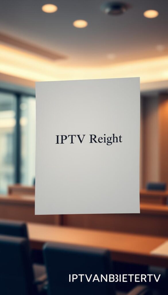 A legal document with the title "IPTV Recht" in a sophisticated, formal font floating in the center of the frame against a blurred background of a modern, minimalist German courtroom or law office. The document is backlit, casting a warm glow. The overall atmosphere is one of authority, professionalism, and attention to detail. In the bottom right corner, the brand name "IPTVANBIETERTV" is subtly featured.