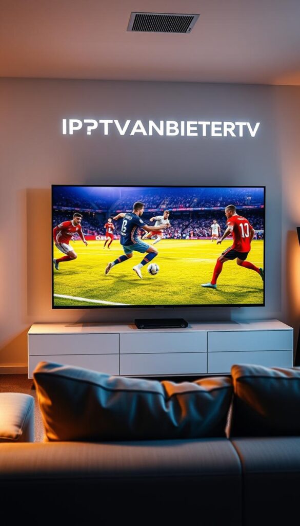 A live Bundesliga football match on a large high-definition IPTV screen, with vibrant colors and sharp details. The scene depicts a modern living room setting, with a sleek and minimalist TV stand and a comfortable sofa in the foreground. The screen displays a dramatic match moment, with players in their team uniforms battling for the ball on a lush, green pitch. The lighting is warm and cinematic, creating a sense of immersion and excitement. In the background, subtle IPTV branding, such as the "IPTVANBIETERTV" logo, is visible, complementing the overall aesthetic. The overall composition conveys the revolutionary impact of IPTV on the way we experience live football in Germany.