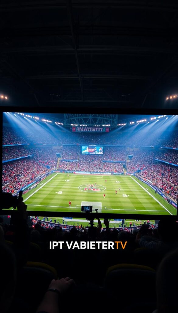 A live television broadcast of a dynamic sports event, showcased with cinematic clarity. A large stadium fills the frame, its grandstands packed with cheering fans. On the field, athletes compete with intense focus, their every movement captured by high-resolution cameras. Dramatic lighting illuminates the action, casting dynamic shadows and highlights. The IPTVANBIETERTV logo proudly displayed, signifying the platform that delivers this immersive live viewing experience. An atmosphere of energy, anticipation, and the thrill of the game permeates the scene.