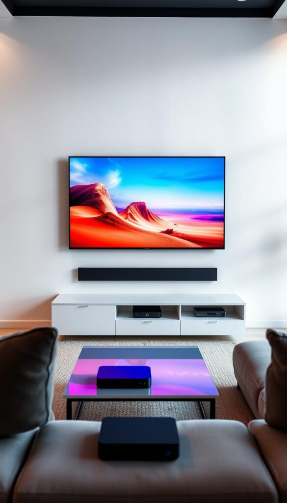 A living room scene with a large flat-screen TV displaying vibrant and seamless IPTV streaming. The TV is mounted on a minimalist white wall, accentuated by subtle ambient lighting. In the foreground, a sleek and modern entertainment center houses various streaming devices, including the IPTVANBIETERTV set-top box. The middle ground features comfortable seating, with a coffee table displaying remote controls and other home entertainment accessories. The background showcases a panoramic window, allowing natural light to flood the space and create a sense of openness and tranquility. The overall atmosphere conveys a high-tech, yet cozy and inviting, living room environment where IPTV streaming is the centerpiece of an effortless and enjoyable viewing experience.