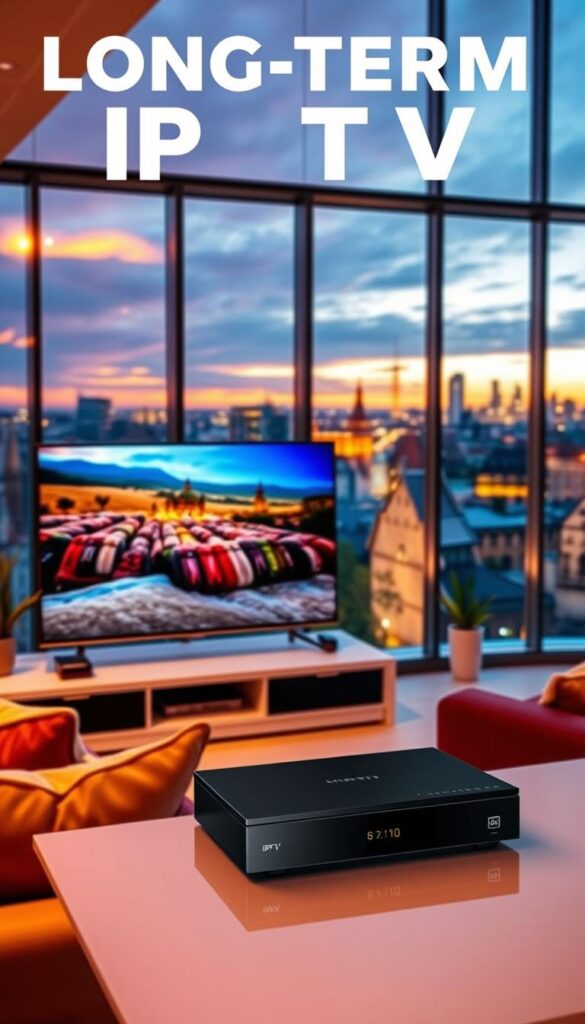 A long-term IPTV subscription, featuring a high-quality IPTVANBIETERTV service, showcasing a vivid, cinematic scene. The foreground displays a modern living room with a large flat-screen TV, surrounded by comfortable seating. Warm, ambient lighting casts a cozy glow, while the middle ground reveals a sleek, minimalist media cabinet housing the IPTV set-top box. In the background, a panoramic window overlooks a vibrant cityscape, with the iconic skyline of München visible in the distance. The overall atmosphere exudes a sense of relaxation and entertainment, perfectly capturing the essence of a long-term IPTV subscription.