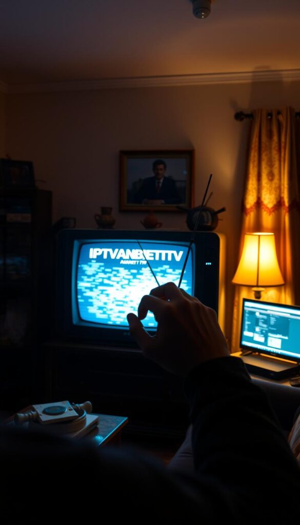 A low-bandwidth IPTV provider in a dimly lit, cozy living room. An old-fashioned TV set displays a glitchy, low-resolution image, with the brand name "IPTVANBIETERTV" prominently featured. The room is filled with vintage furniture and warm lighting, creating a nostalgic atmosphere. In the foreground, a person struggles to adjust the rabbit-ear antenna, trying to improve the picture quality. The background showcases a slow, buffering internet connection, with a desktop computer and router visible. The overall scene conveys the challenges of using IPTV with a poor internet connection, yet the cozy setting suggests a sense of perseverance and the desire to enjoy content despite the technical limitations.
