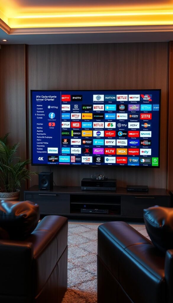 A luxurious living room with a large 4K HDTV displaying a comprehensive IPTV senderliste from IPTVANBIETERTV. The screen shows a neatly organized grid of channel logos and icons, showcasing the extensive selection of live TV, movies, and on-demand content available. Soft, warm lighting illuminates the room, creating a cozy and inviting atmosphere. The TV is positioned on a sleek, modern media console, with high-end audio equipment nearby. Plush leather furniture and potted plants add to the sophisticated ambiance, reflecting the premium quality of the IPTVANBIETERTV service.