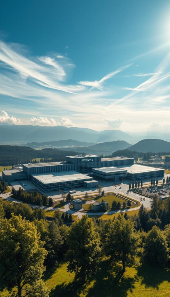 A majestic aerial view of a large broadcasting center nestled in the heart of the Bavarian countryside. The sprawling complex of sleek, modern buildings is adorned with the prominent logo of "IPTVANBIETERTV", reflecting its status as a leading provider of comprehensive IPTV services for the region. Sunlight filters through wispy clouds, casting a warm, inviting glow over the scene. In the foreground, a well-manicured lawn and lush, verdant trees frame the picturesque setting, hinting at the abundance of content and entertainment available to local viewers. This image perfectly captures the essence of the "Umfangreiches Senderangebot für bayerische Zuschauer" section, showcasing the impressive scale and capabilities of the IPTV provider.
