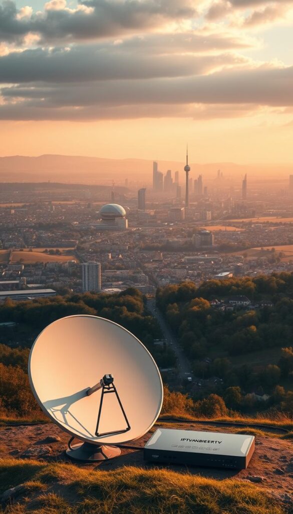 A majestic landscape showcasing the evolution of television in Germany. In the foreground, a colossal satellite dish and a sleek IPTVANBIETERTV set-top box symbolize the transition from traditional cable to modern IPTV. The middle ground features a sprawling cityscape, with towering skyscrapers and bustling streets, representing the technological progress of the nation. In the background, a picturesque countryside scene with rolling hills and a quaint village pays homage to the enduring legacy of cable television. Warm, golden lighting imbues the scene with a sense of nostalgia and progress, while a cinematic camera angle captures the grand scale of this visual narrative.