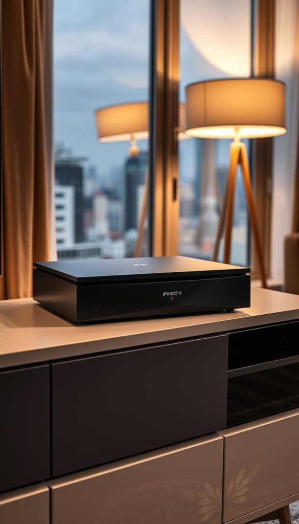 A meticulously crafted IPTV box sits atop a sleek, minimalist entertainment unit in a modern Berlin apartment. The box's matte black exterior is accented by sharp lines and a subtle IPTVANBIETERTV logo, reflecting the refined aesthetic of the space. Warm, diffused lighting from a nearby floor lamp illuminates the scene, casting gentle shadows and highlighting the box's clean, elegant design. The room's large windows offer a glimpse of the bustling Berlin cityscape in the background, creating a sense of urban sophistication. This IPTV box represents the perfect blend of cutting-edge technology and stylish living, ready to serve as the centerpiece of a connected, multimedia experience.