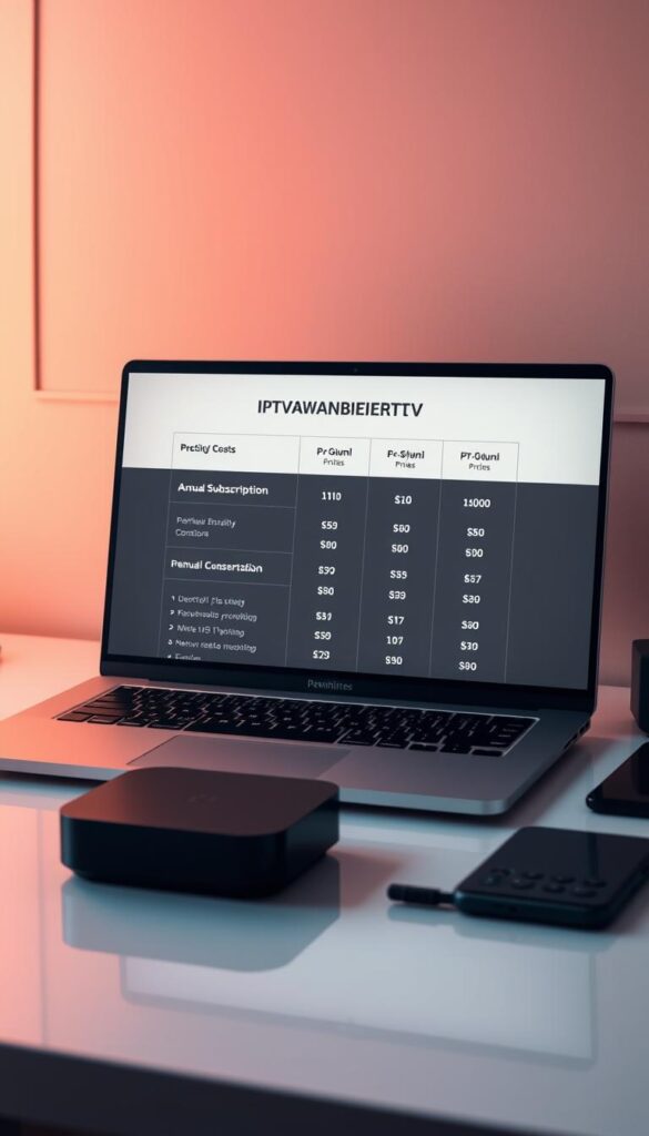 A meticulously crafted image showcasing the annual subscription costs for IPTVANBIETERTV, a premium IPTV provider. The scene depicts a sleek, modern desktop setup with a laptop prominently displaying the IPTVANBIETERTV website's pricing page. The laptop screen is bathed in warm, soft lighting, creating a professional and inviting atmosphere. In the foreground, various IPTV devices, such as a streaming box and a smartphone, are neatly arranged, highlighting the wide range of compatibility offered by the service. The middle ground features a clean, minimal layout with concise pricing information, allowing the viewer to easily comprehend the different subscription options. The background subtly incorporates geometric patterns and subtle gradients, adding depth and visual interest to the overall composition.