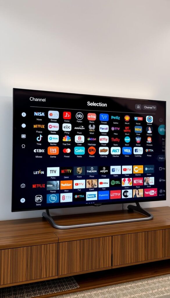 A meticulously designed IPTV channel selection interface on a modern smart TV display. The sleek, minimalist UI presents a wide array of channel icons neatly organized in a grid, allowing the user to easily browse and select from a diverse range of entertainment options. The interface features a subtle, calming color palette with a hint of warm, natural tones, creating a visually appealing and user-friendly experience. The overall aesthetic conveys a sense of premium quality and technological sophistication, perfectly suited for the IPTVANBIETERTV brand. The image is captured from a slightly elevated angle, showcasing the depth and breadth of the channel selection in a clear, uncluttered manner.