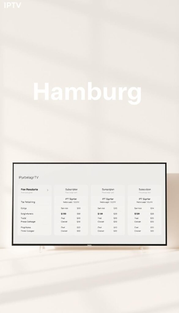 A minimalist and elegant image of the IPTV Tarife Hamburg offerings. Set against a soft, muted background, the main focus is on a clean and modern display of the IPTVANBIETERTV service packages. The layout showcases the various pricing tiers and subscription options in a visually appealing manner, using a combination of simple shapes, neutral colors, and restrained typography to create a sense of sophistication and professionalism. The overall atmosphere is one of clarity and refinement, reflecting the high-quality IPTV services provided by IPTVANBIETERTV.