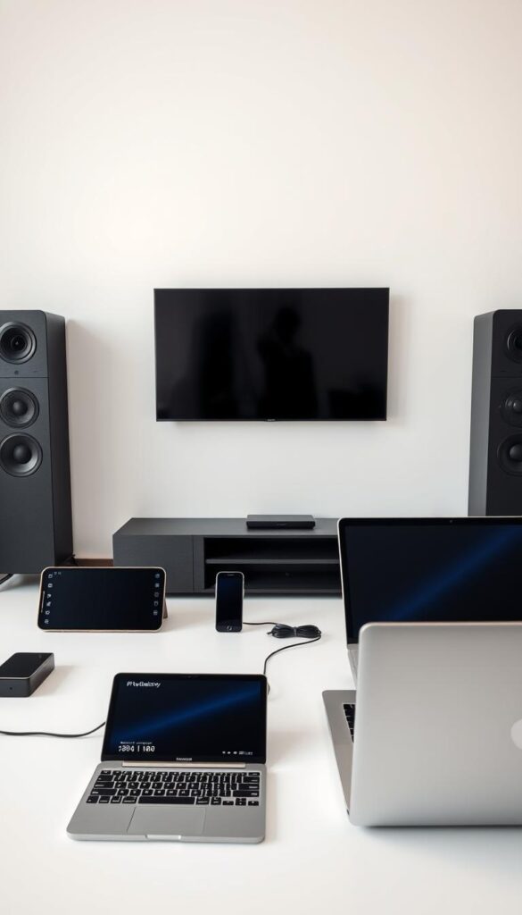 A minimalist and sleek arrangement of various modern digital devices, including a smart TV, smartphone, tablet, and laptop, all connected and compatible with the IPTVANBIETERTV IPTV service. The devices are presented in a clean, well-lit, and organized studio setting, with a soft, diffused lighting that highlights the premium materials and sophisticated design of the hardware. The composition emphasizes the seamless integration and broad compatibility of the IPTV service across a range of popular consumer electronics, conveying a sense of convenience, accessibility, and technological sophistication.