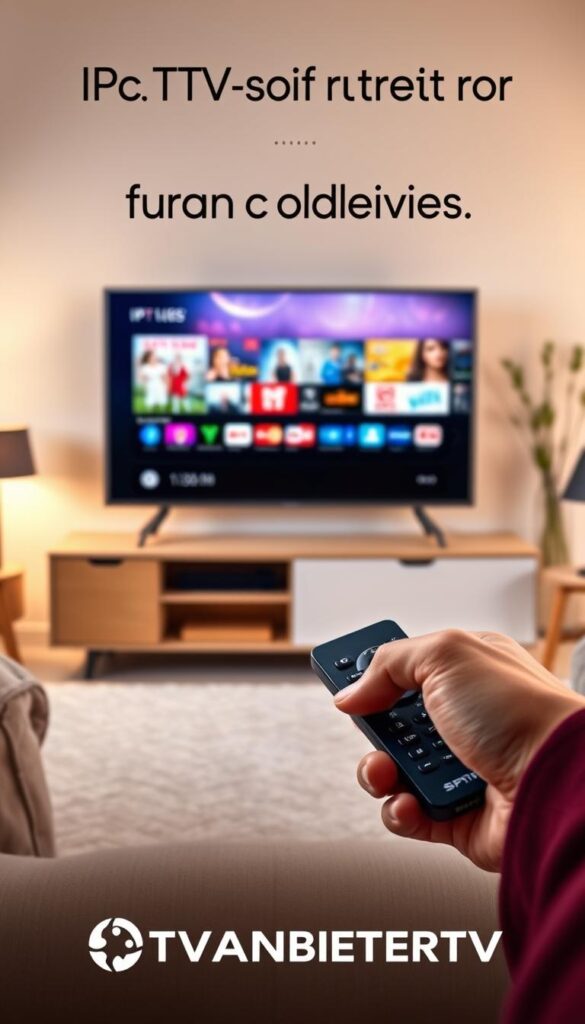 A minimalist, elegant illustration of IPTV streaming for older devices. A sleek, modern TV set in the foreground displaying vibrant, high-quality content. In the middle ground, a hand holding a remote control, showcasing the ease of use. The background depicts a cozy, warm living room setting, hinting at the comfort and convenience of IPTV. Soft, diffused lighting creates a inviting atmosphere. The IPTVANBIETERTV brand logo is subtly integrated into the design. A clean, sophisticated visual that embodies the benefits of IPTV for mature audiences.