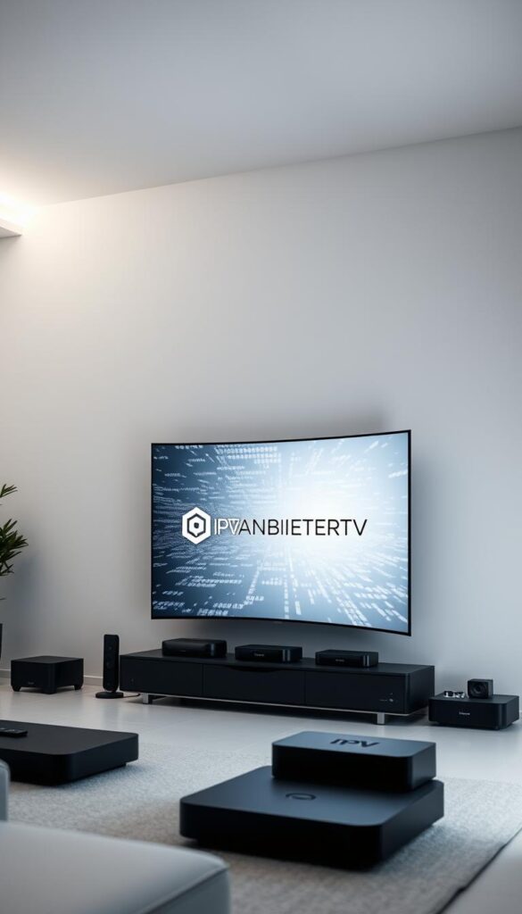 A minimalist, high-tech home interior with a sleek, futuristic aesthetic. A large, curved OLED TV dominates the center of the frame, displaying the IPTVANBIETERTV logo against a dynamic, data-driven backdrop. Surrounding the TV, various streaming devices are neatly arranged - a modern media center setup. Soft, indirect lighting illuminates the scene, creating a warm, inviting ambiance. The composition emphasizes simplicity and elegance, with clean lines and a neutral color palette of grays, whites, and blacks. The overall mood is one of sophisticated, cutting-edge technology seamlessly integrated into a stylish, contemporary living space.