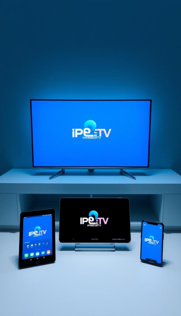 A minimalist, high-tech setup featuring multiple devices seamlessly connected for IPTV viewing. A sleek, modern television in the center, flanked by a tablet and smartphone, all displaying the IPTVANBIETERTV interface. Soft, indirect lighting illuminates the scene, creating a calm, inviting atmosphere. The devices are arranged in a visually balanced composition, highlighting the versatility and integration of the IPTV system. The overall impression conveys the ease and convenience of accessing IPTV content across multiple platforms.