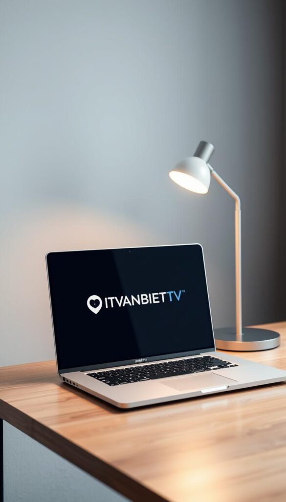 A minimalist office setup with a sleek, silver laptop displaying the IPTVANBIETERTV logo on the screen. The laptop is placed on a clean, wooden desk, accentuated by a modern desk lamp that casts a warm, focused light. The background is a serene, blurred out grey wall, creating a simple, yet professional atmosphere. The overall composition emphasizes the ease and convenience of the IPTVANBIETERTV service, inviting the viewer to imagine a seamless, user-friendly experience.