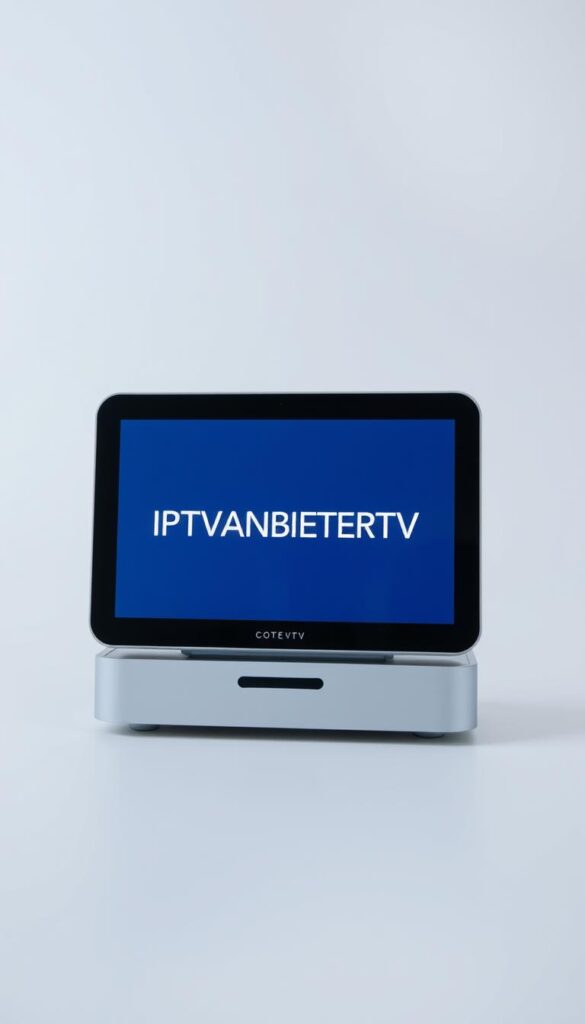 A minimalist, sleek, and modern-looking digital device with the brand name "IPTVANBIETERTV" prominently displayed on the screen. The device is set against a simple, clean background, perhaps a plain white or light gray backdrop, to allow the brand to take center stage. The lighting is soft and diffused, creating a professional and refined atmosphere. The camera angle is slightly elevated, giving the device a sense of importance and authority. The overall composition is well-balanced and visually appealing, conveying the idea of a leading IPTV provider in Germany.
