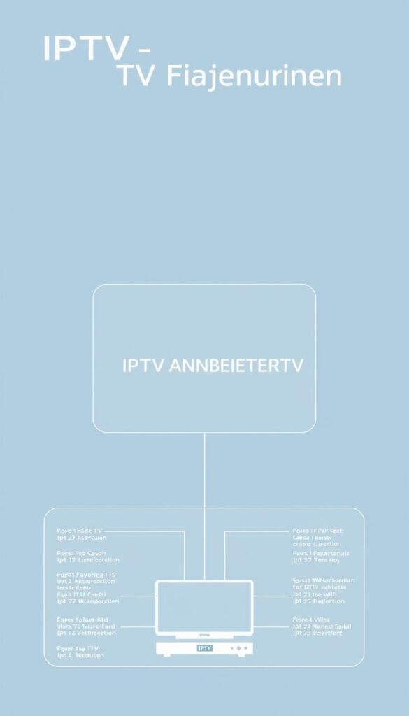 A minimalist, technical illustration of the "IPTV Grundlagen" concept. Depicted as a clean, diagram-style schematic with simple geometric shapes and lines. Neutral color palette of blues, grays, and whites, conveying a sense of digital technology and connectivity. The layout should highlight the core IPTV components and signal flow, including the "IPTVANBIETERTV" brand prominently featured. Crisp, high-contrast rendering with a slight futuristic aesthetic to match the forward-looking nature of IPTV technology.