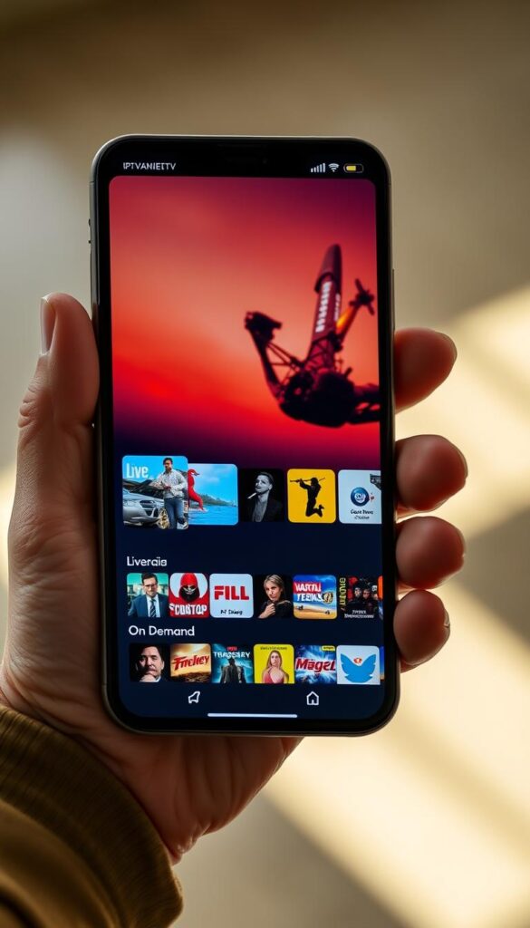 A mobile device displaying a sleek and intuitive IPTV user interface, showcasing a diverse selection of live TV channels and on-demand content. The screen is illuminated by soft, natural lighting, creating a warm and inviting atmosphere. The interface features the brand name "IPTVANBIETERTV" prominently displayed, along with vibrant and well-organized content categories. The device is held in the hand of a person in a casual, relaxed pose, suggesting the convenience and portability of IPTV for on-the-go entertainment. The background is blurred, maintaining the focus on the device and the user's interaction with the IPTV service.