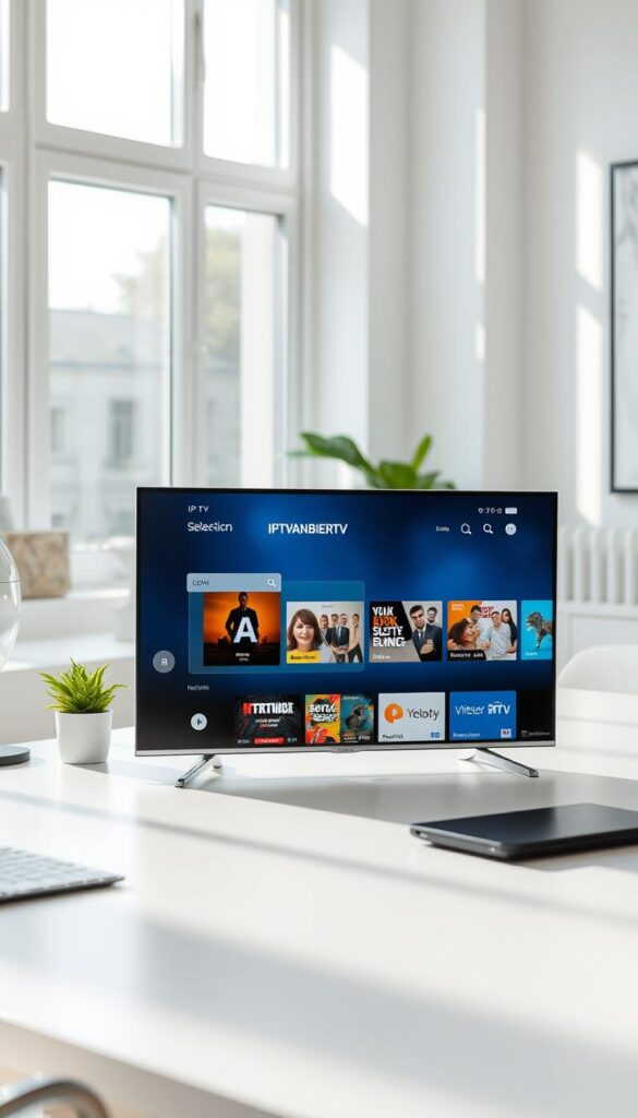 A modern Android TV device displaying the IPTVANBIETERTV website, showcasing its selection of IPTV services for Deutschland. The screen has a clean, minimalist interface with intuitive navigation menus. The device is placed on a sleek, minimalist desk in a bright, airy home office setting, with natural lighting filtering in through large windows. The atmosphere is calm and professional, evoking a sense of productivity and connectivity. The overall composition emphasizes the versatility and user-friendliness of the IPTV platform, targeting a tech-savvy German audience.