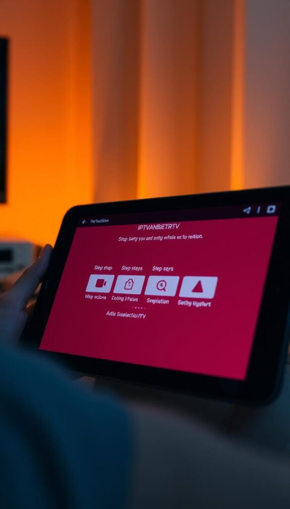 A modern Android device displaying the intuitive setup process for an IPTVANBIETERTV IPTV subscription. The screen shows clear, step-by-step instructions with vivid icons and an elegant, minimalist UI design. Warm, indirect lighting casts a subtle glow, creating a calming, approachable atmosphere. The frame is composed to emphasize the device and setup workflow, with the background softly blurred to maintain focus. The overall scene conveys the ease and simplicity of installing an IPTVANBIETERTV IPTV service on an Android platform.
