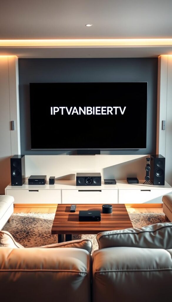 A modern German living room with a sleek, minimalist design. In the center, a large OLED TV displays the IPTVANBIETERTV logo, showcasing its premium, high-definition content. Surrounding the TV, various streaming devices and a home theater system suggest the seamless integration of IPTV technology. The room is bathed in warm, soft lighting, creating a cozy and inviting atmosphere. The walls feature clean, geometric lines and neutral tones, complementing the sophisticated aesthetic. A wooden coffee table and plush, comfortable seating invite viewers to relax and enjoy the IPTV experience. The overall scene conveys the convenience, quality, and reliability of IPTVANBIETERTV's monthly IPTV service.