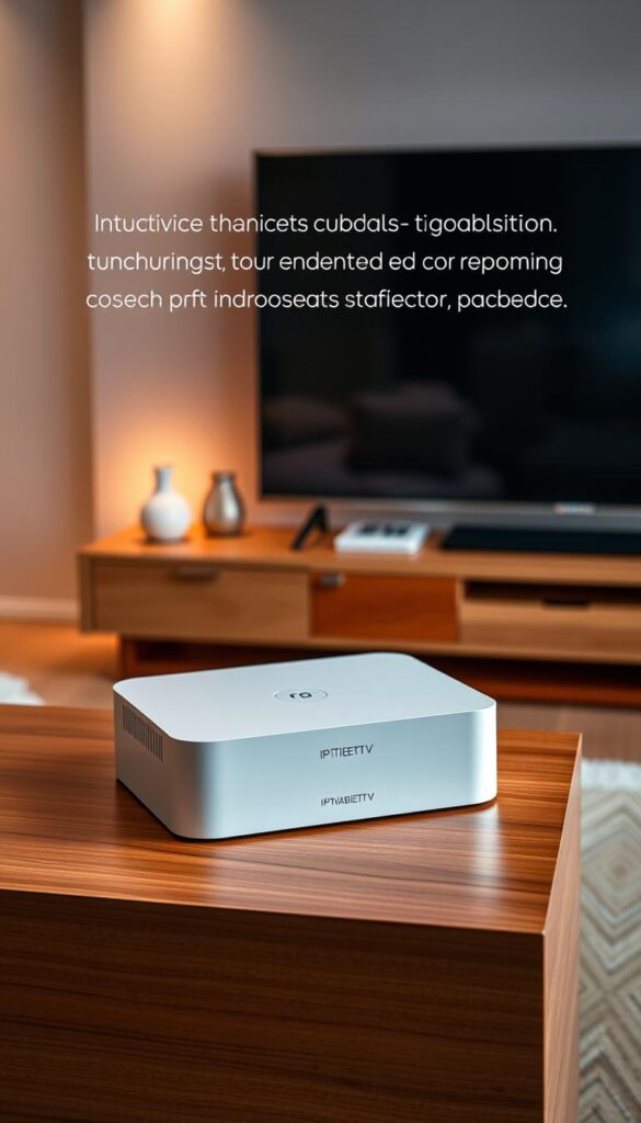 A modern IPTV device with sleek, minimalist design and advanced recording capabilities. Sitting atop a polished wood surface, the device features clean lines, a subtle IPTVANBIETERTV logo, and intuitive touch controls. Warm, directional lighting casts a soft glow, highlighting the device's premium construction and attention to detail. The background showcases a minimalist living room setting, with a large, high-definition television screen and understated decor, creating a harmonious, technology-forward atmosphere.