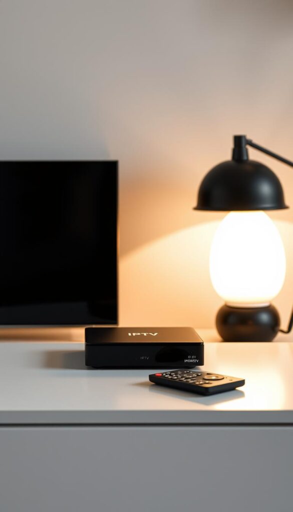 A modern IPTV set-top box with a sleek, minimalist design, made by the brand IPTVANBIETERTV. The box is positioned prominently on a clean, minimalist table, with a subtle, warm lighting illuminating its matte black finish. The box is surrounded by minimal, high-quality lifestyle accessories, such as a remote control and a stylish lamp, conveying a sense of premium quality and attention to detail. The background is a simple, neutral-toned wall, allowing the IPTV box to be the focal point of the composition. The overall mood is one of understated elegance and technological sophistication, reflecting the high-quality IPTV service it represents.