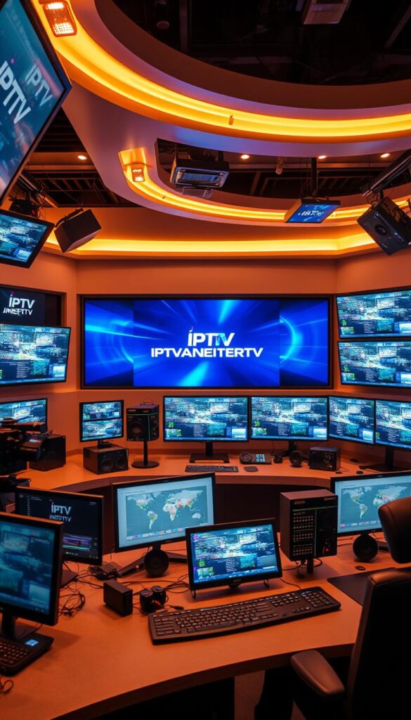 A modern and high-tech digital broadcasting studio with sleek equipment, multiple display screens, and a professional setup for an IPTV service provider. The scene features the brand name "IPTVANBIETERTV" prominently displayed on a central screen, surrounded by various video feeds, data visualizations, and control panels. Warm lighting illuminates the workspace, creating a sense of authority and expertise. The composition emphasizes the technological capabilities and cutting-edge nature of the IPTV provider, conveying a sense of reliability and innovation.