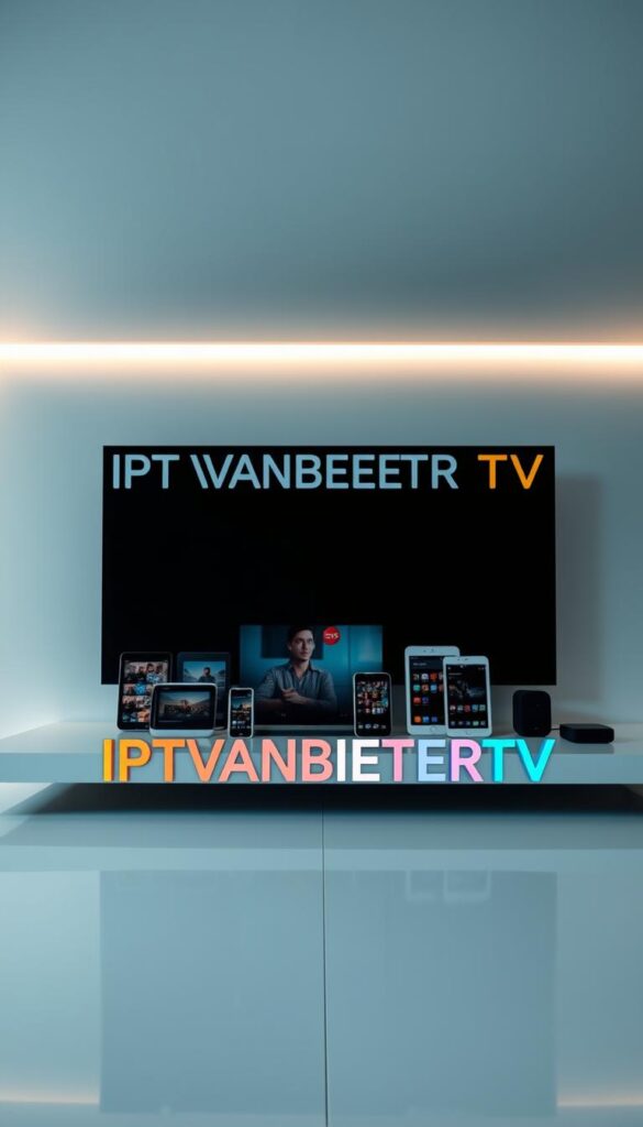 A modern and high-tech digital television platform set against a sleek, minimalist backdrop. In the foreground, the prominent IPTVANBIETERTV logo takes center stage, its bold typography and vibrant colors commanding attention. The middle ground features an array of smart devices, including tablets and smartphones, seamlessly integrated into the scene, showcasing the platform's multi-device compatibility. In the background, a soft, atmospheric lighting creates a sense of sophistication and professionalism, reflecting the reliable and cutting-edge nature of the IPTV service. The overall composition conveys a sense of technological prowess, convenience, and the perfect solution for international residents in Germany seeking a comprehensive and reliable IPTV experience.