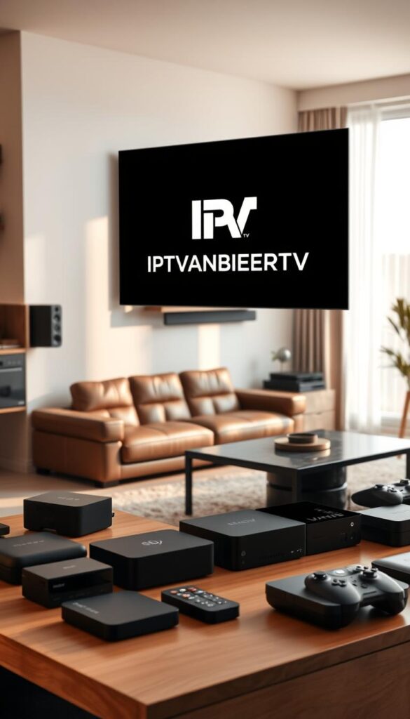 A modern and minimal interior design scene featuring a living room setup with multiple media devices. In the foreground, a sleek black TV set prominently displays the IPTVANBIETERTV logo. Surrounding it, various streaming boxes, game consoles, and remote controls are neatly arranged, conveying the idea of seamless multi-device compatibility. The middle ground showcases a contemporary leather sofa and a minimalist coffee table, creating a cozy and inviting atmosphere. The background features warm, natural lighting filtering through large windows, casting a soft, diffused glow across the scene. The overall aesthetic is clean, sophisticated, and technology-driven, reflecting the reliable and user-friendly nature of the IPTVANBIETERTV service.
