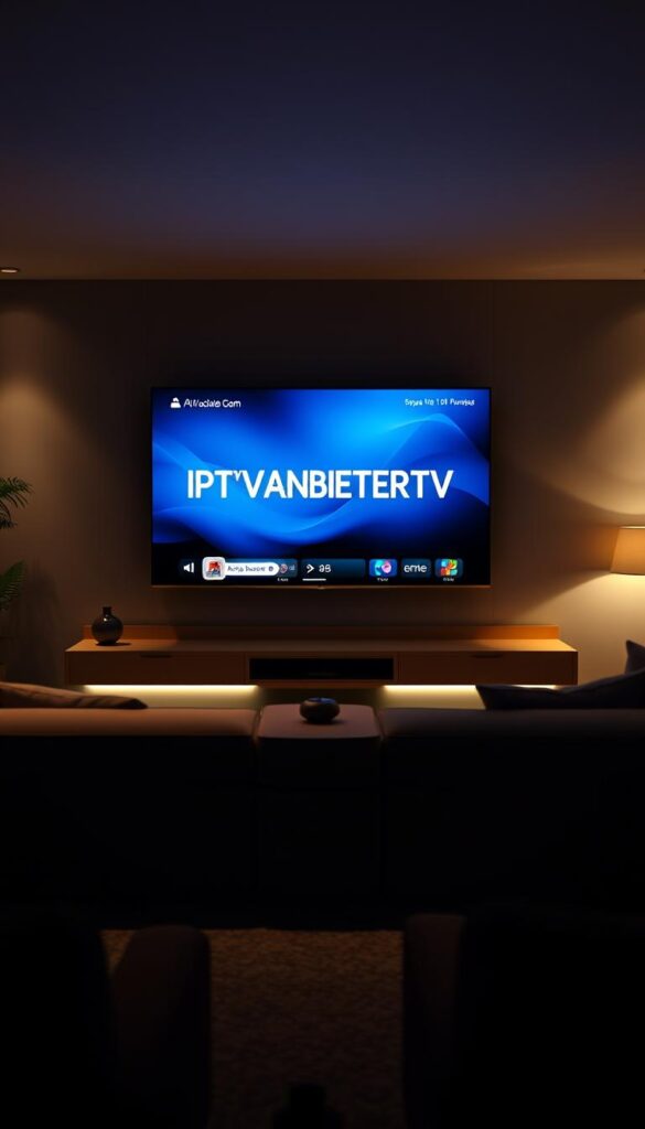 A modern and minimalist IPTV platform with a sleek user interface, featuring the brand name "IPTVANBIETERTV" prominently displayed. The platform is set against a backdrop of a dimly lit living room, with a comfortable couch and soft lighting creating a cozy atmosphere. The scene conveys a sense of relaxation and immersion, suggesting the ease and convenience of accessing a wide variety of entertainment content through the IPTV service. The camera angle is slightly elevated, providing a comprehensive view of the platform and its surroundings, showcasing the seamless integration of technology into the home environment.