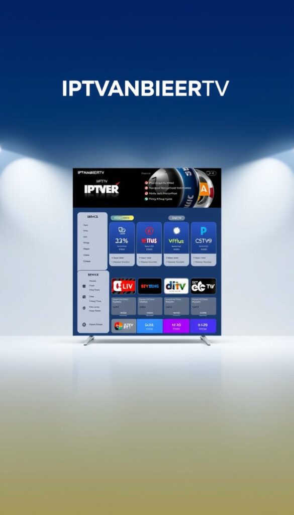A modern and minimalist digital display showcasing the IPTVANBIETERTV brand, featuring an array of attractively priced IPTV subscription offers. The foreground features a clean, high-contrast layout with boldly-presented pricing tiers and service details. The middle ground includes various icons and UI elements hinting at the diverse content available. In the background, a soft, atmospheric gradient creates a sense of depth and sophistication. The overall aesthetic is sleek, professional and focused on conveying the value proposition of these affordable IPTV packages.