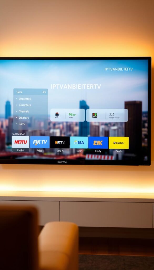 A modern and minimalist digital display showcasing the "IPTVANBIETERTV" brand. The screen features a clean, colorful interface with intuitive navigation options for accessing a wide range of international TV channels. The foreground prominently displays an attractive subscription pricing model, emphasizing the affordability and flexibility of the IPTV service. The background depicts a serene, blurred cityscape, hinting at the global reach and connectivity of the platform. Warm lighting casts a welcoming glow, creating a premium, high-quality atmosphere. The overall composition conveys a sense of accessibility, value, and the convenience of enjoying international entertainment from the comfort of one's home.