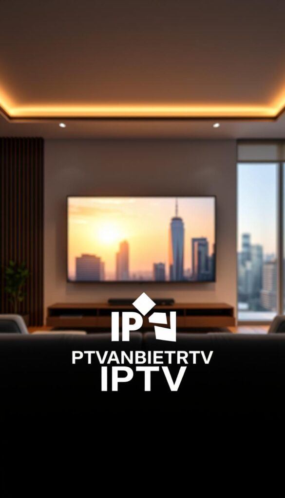A modern and minimalist digital display showcasing the benefits of a reliable IPTV subscription service. In the foreground, a high-resolution image of the IPTVANBIETERTV brand logo, prominently featured. The middle ground depicts a sleek, minimalist living room setup with a large, high-definition television screen, casting a warm, ambient light. In the background, a blurred cityscape with skyscrapers and modern architecture, symbolizing the global accessibility of the IPTV service. The overall scene conveys a sense of sophistication, technological advancement, and the convenience of cutting-edge streaming solutions for the modern viewer.
