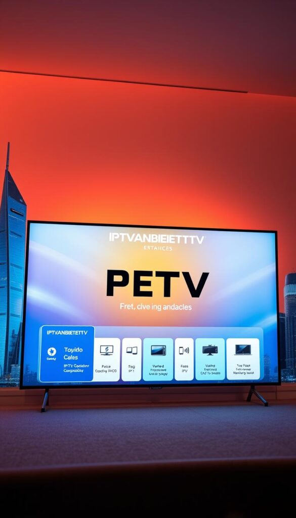 A modern and minimalist digital display showcasing the brand "IPTVANBIETERTV" against a backdrop of a sleek, futuristic city skyline. The screen features vibrant colors, crisp graphics, and a clean, user-friendly interface highlighting the various IPTV packages and device compatibility. The scene is illuminated by warm, diffused lighting, creating a professional and inviting atmosphere. The overall composition conveys a sense of technological advancement, affordability, and reliability, reflecting the high-quality IPTV services offered by IPTVANBIETERTV in Germany.