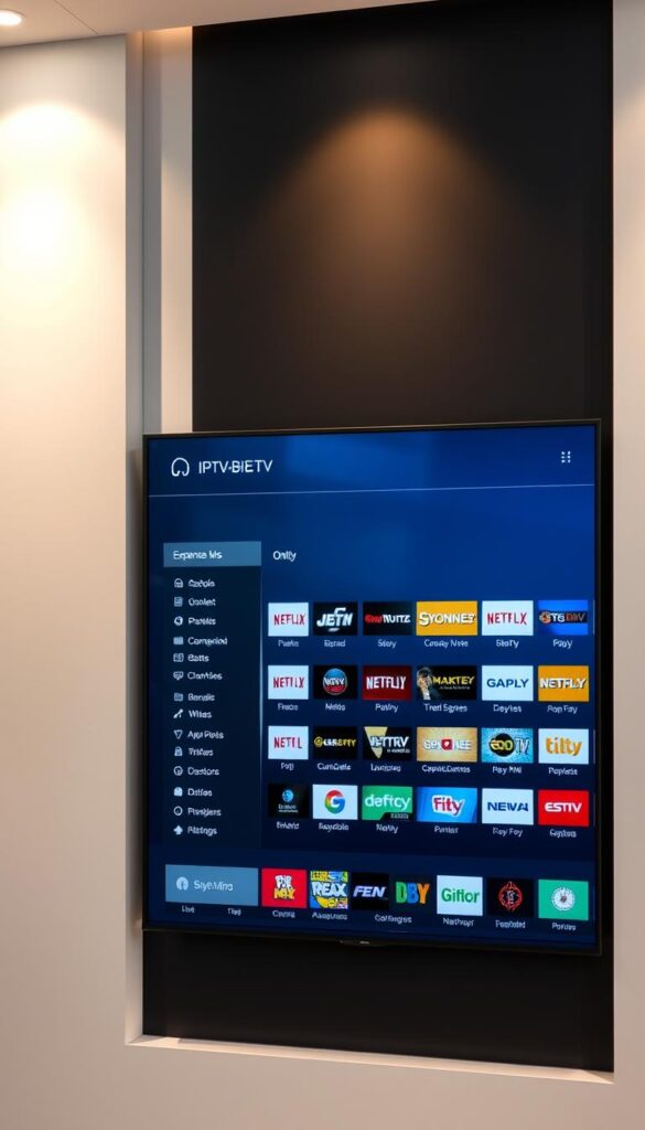 A modern and minimalist digital display showcasing the expansive IPTV channel lineup from IPTVANBIETERTV. The screen is crisp and vibrant, with a sleek, high-tech aesthetic. The channel icons are neatly arranged, conveying the breadth of entertainment options available. Subtle lighting from above casts a warm, inviting glow, creating a premium, sophisticated atmosphere. The overall composition is balanced and visually striking, effectively highlighting the impressive IPTV service from IPTVANBIETERTV.